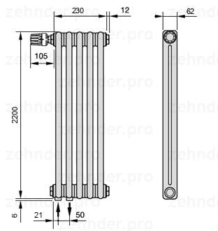 Схема (чертеж) Радиатор Zehnder Charleston 2220/5 №V001 Белый глянцевый RAL 9016